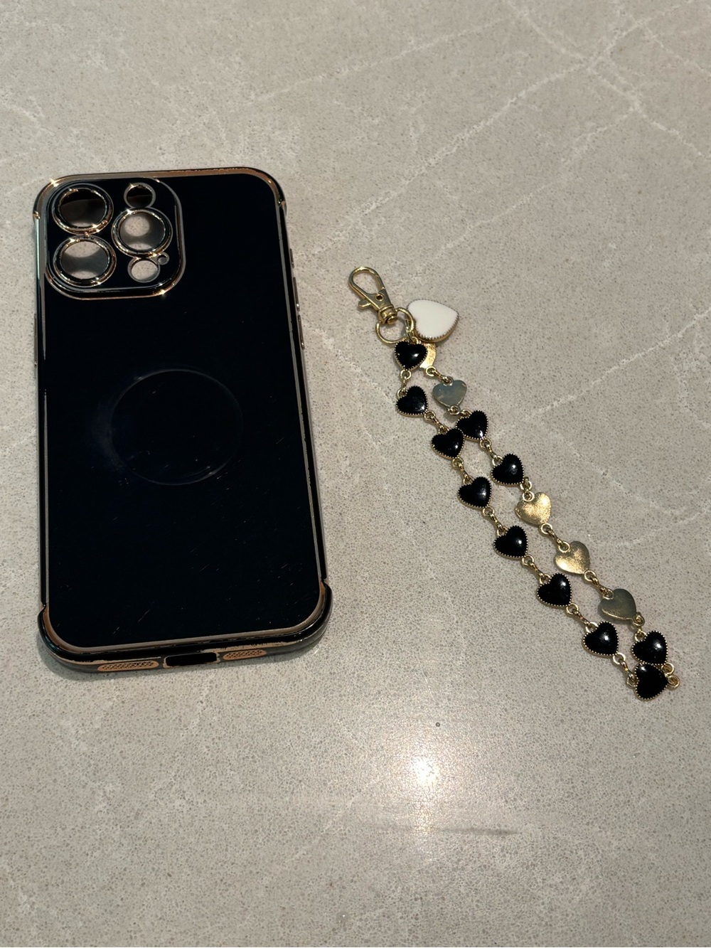 Black Smartphone Ring Case & Heart Charm Wristlet - iPhone 15 Pro Max